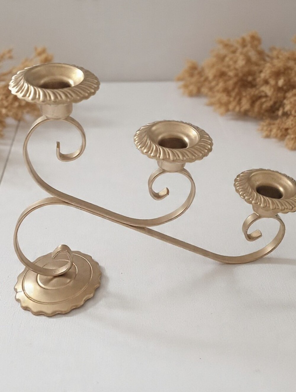 Vintage Gold Tone 3 Arm Scroll Candelabra 9.5" Hollywood Regency Candle Holder